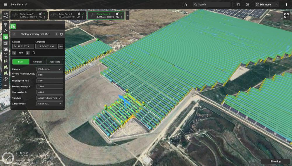 Aerial view of a solar farm with long rows of solar panels; a GIS/photogrammetry tool panel is visible on the left side of the screen.
