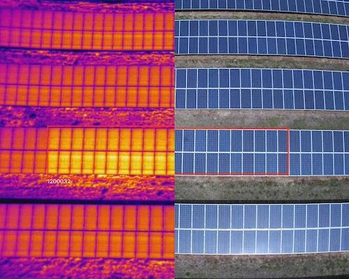 Split view: left infrared heat map of solar panels showing hotspots; right aerial photo of a solar farm with one panel outlined in red as a fault.