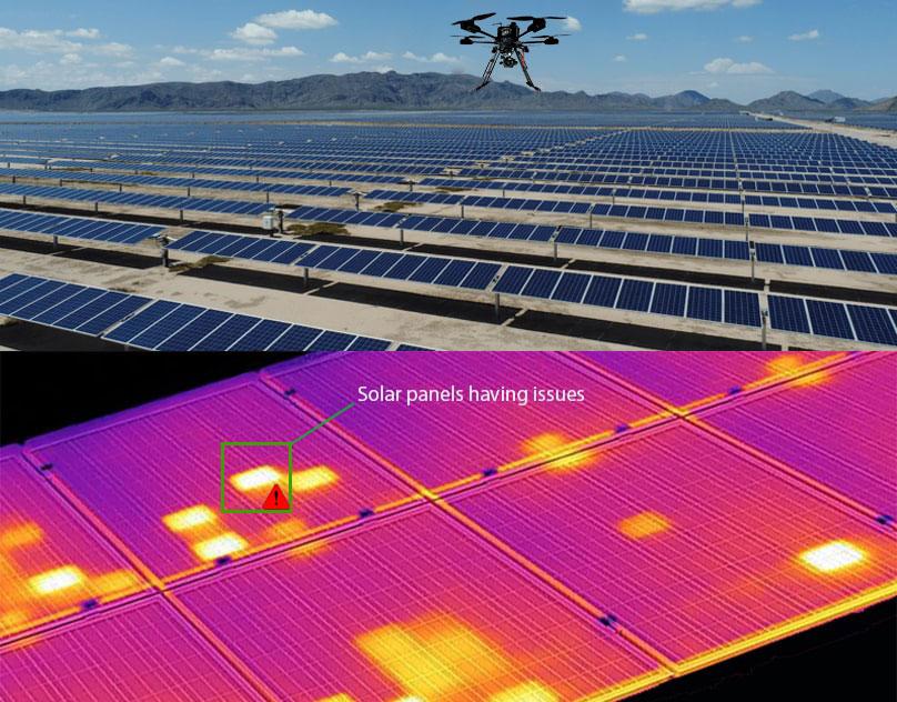 Drone flies over a solar farm with rows of solar panels; an infrared heatmap inset marks panels having issues and a warning icon.