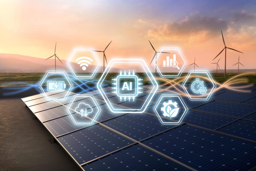 Central glowing AI chip icon overlaid on solar panels with wind turbines at sunset, representing AI in renewable energy.