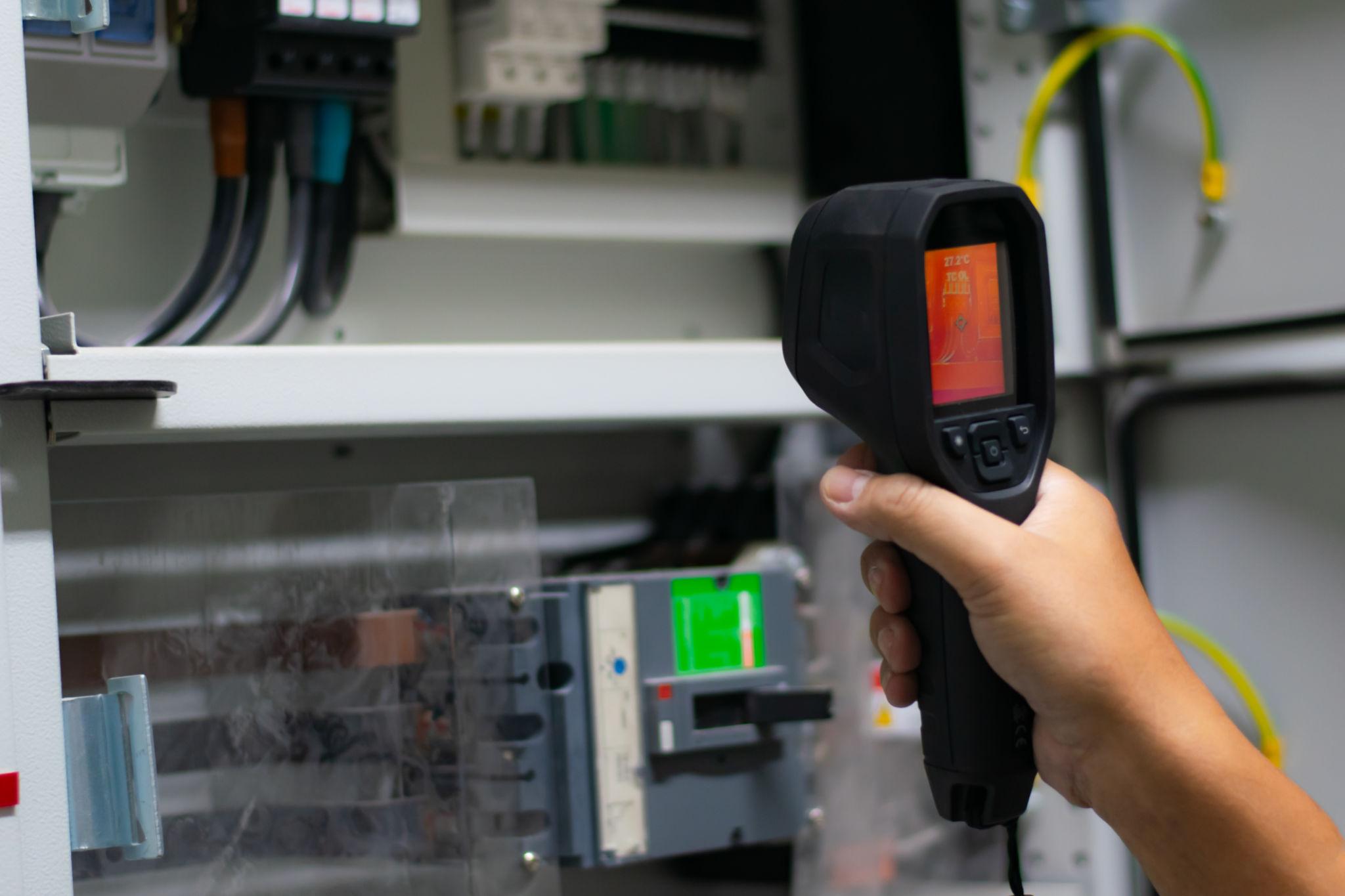 Person holds a handheld thermal imaging camera, pointed at an electrical control panel inside a cabinet, screen glowing orange/heat image.