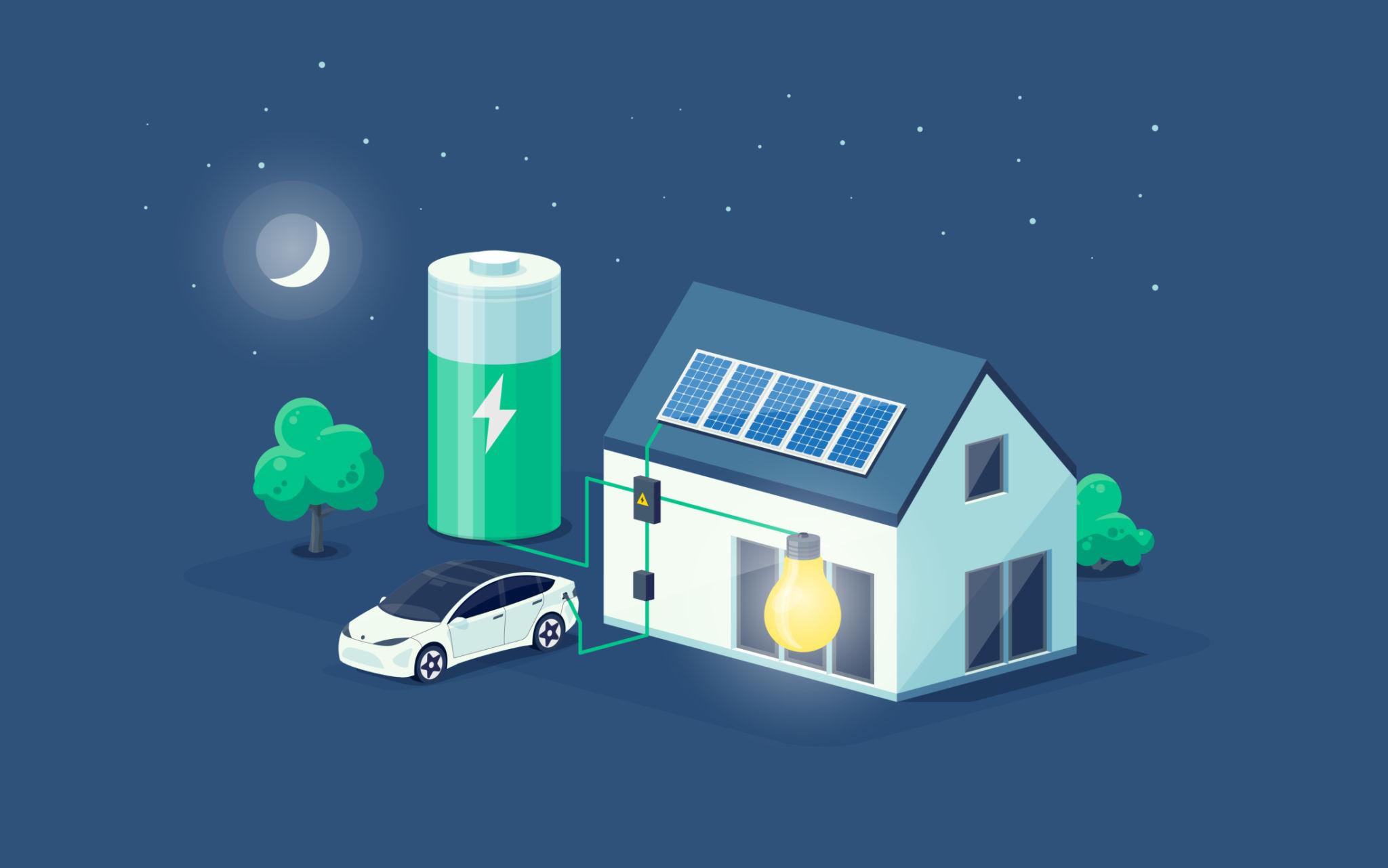 Night scene of a house connected to solar panels, a large battery, and an electric car, illustrating home renewable energy storage and charging.