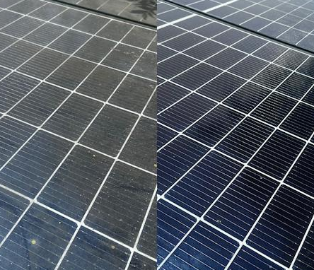 Split view of solar panels: left dirty with grime, right clean and shiny.